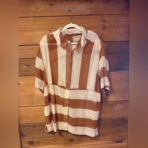 Free People Men's Casual Shirt in Brown and Cream